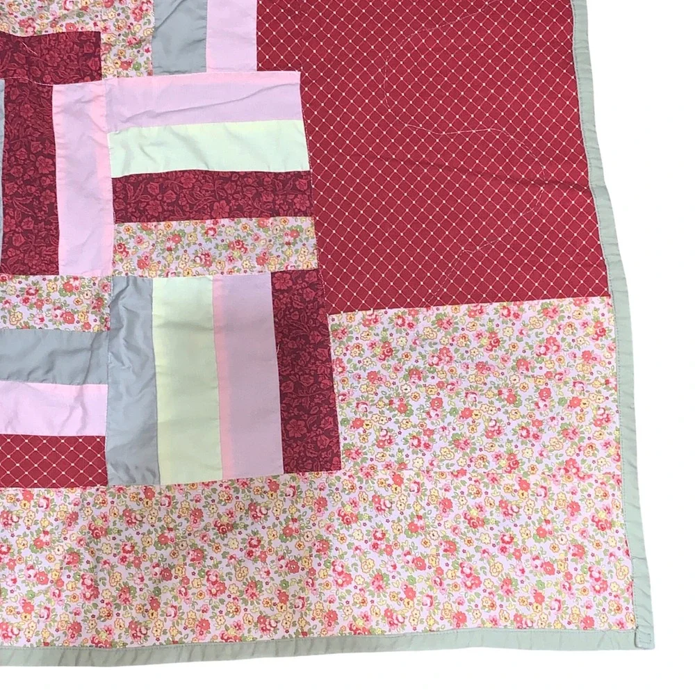 Handmade Patchwork Quilt Red Pink Floral Geometric‎ 57x75 Cottagecore